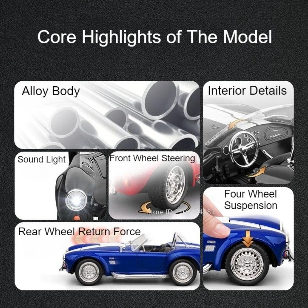 1:22 Shelby Cobra 427 Z4 Toys Sports Cars Models Pull Back Light Music Miniature Car Doors Opened Vehicle for Kid Festival Gifts