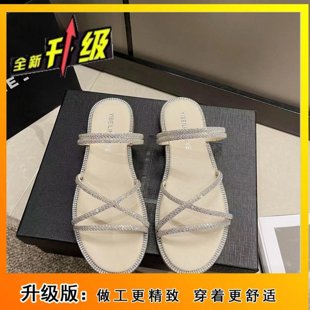 Internet celebrity rhinestone cool slippers women's summer wear 2025 new fashion two wear gentle fairy style sandals flat temperament