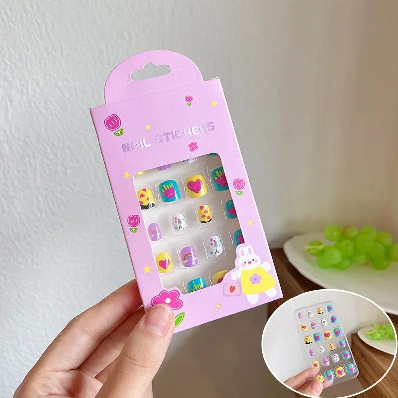 

24 шт. детские накладные ногти для девочек, короткие искусственные накладные ногти, симпатичные, предварительно проклеенные, полное покрытие, акриловые типсы для ногтей