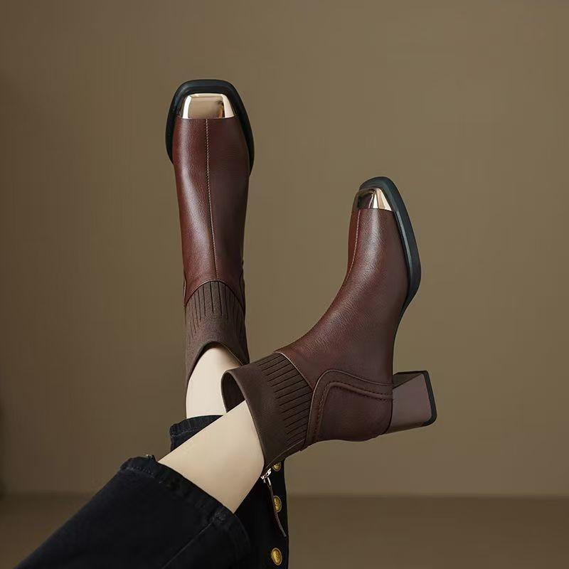 New Women Short Boots Back Zip Zipper Luxury Designer Ladies Rubber High Heel Fashion Pointy Ankle Boot Pointed Toe PU Meta