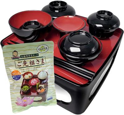 Urushi-Produkte [Buddhistisches Tischset, 6,0 Zoll, Schwarz mit rotem Inneren & Ahnen] Hergestellt in Japan, Buddhistische Altarartikel, Obon-Artikel, Essensset