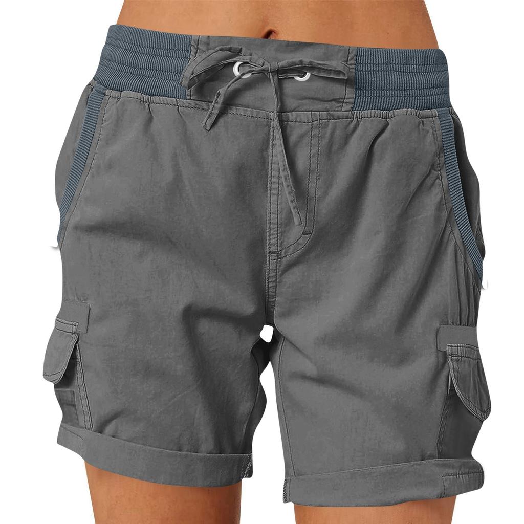 Women's Fashionable Solid Color Pocket Drawstring Casual Work Pants With Elastic Waist And Rolled Edge Five Quarter Shorts