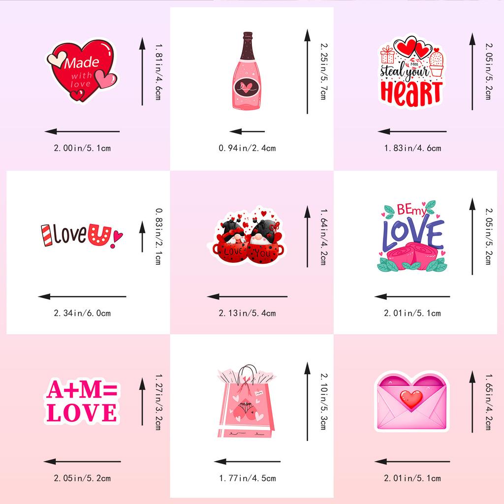 50 PCS Valentine Stickers Set - Romantic Heart Decals for Notebook, Gifts, DIY Decor