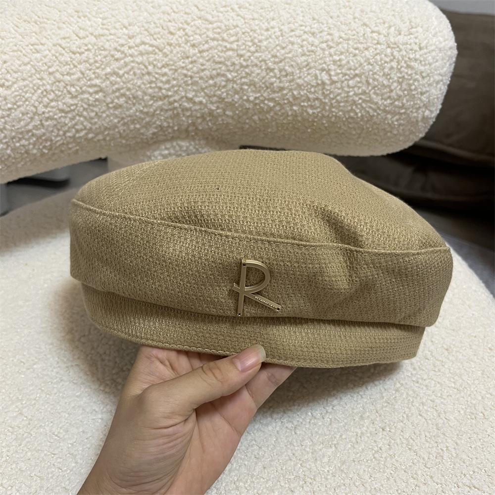 Vintage R Letter Black Beret Painter Hat Women's Versatile Face Small Bud Hat
