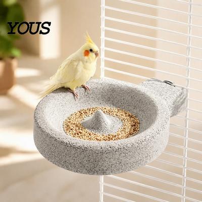 Durable Bird Food Dish Pumice Bowl, 2-in-1 Stone Feeder Water Dish, Finches Cage Feeding Station Birdcage with Screw Mount for Parakeets Canaries
