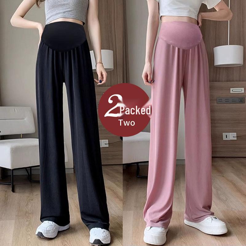 Maternity Wide-Leg Ice Silk Pants - Summer, High Waist, Tummy Support, Plus Size, Comfortable Fit