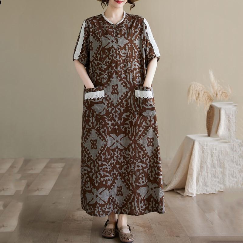Short sleeve Plus size Cotton linen vintage floral new in dresses for women casual loose long summer dress