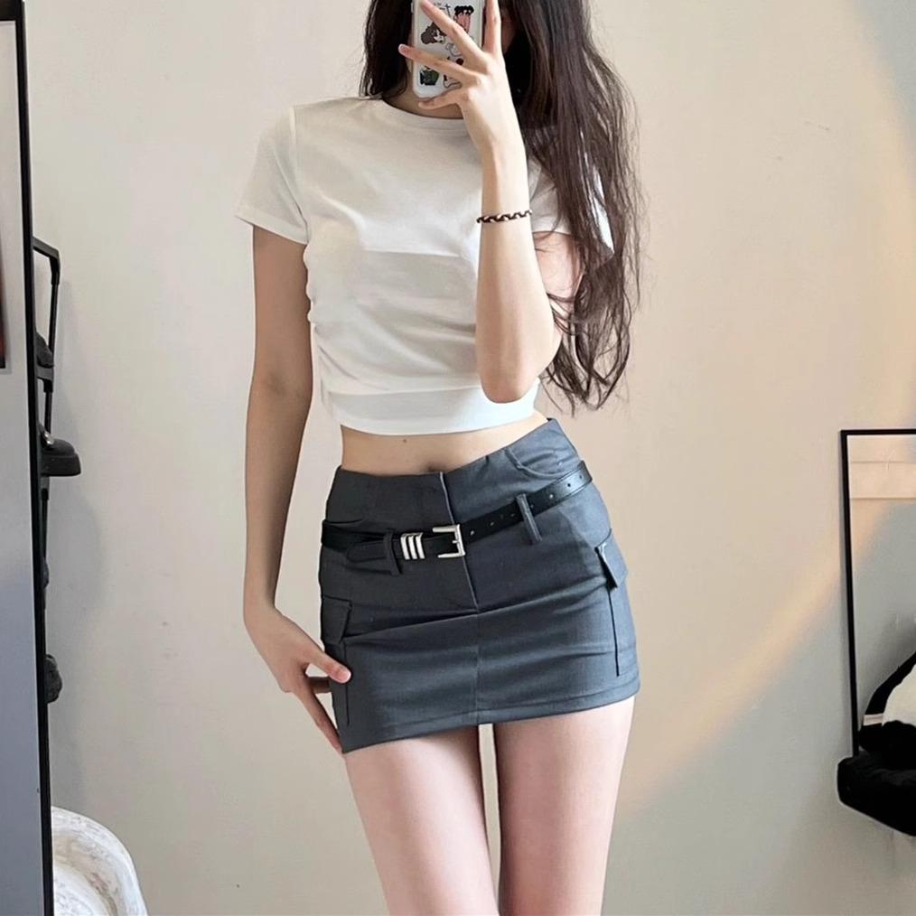 2024 Summer Retro Gray High-Waist Bodycon Mini Skirt for Women