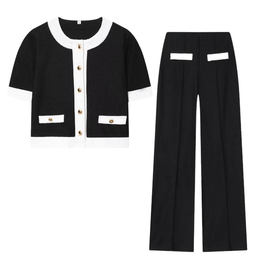 European & American Style Women's Fashion Set: Color Block Pearl Leather Wool Coat and Pants (J32513/14)