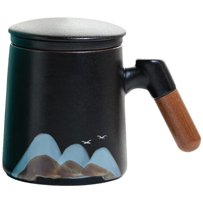 Guochao Holzgriff Yuanshan Keramiktasse mit Deckel Qianli Weißporzellan Jiangshan Büro Tee- und Wasserseparation Geschäftsgeschenk