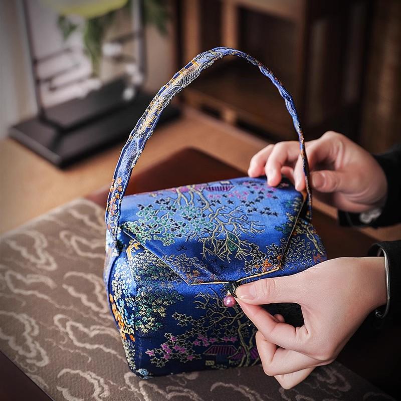 Printed Storage Bag with Cotton Lining, Small Travel Handbag Simple One-pot Two-Cup Set Teacup Bags