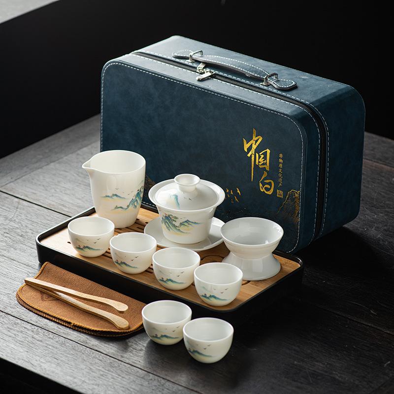 Suet jade tea set, white porcelain travel kung fu tea set, tea tray set, cover bowl teacup
