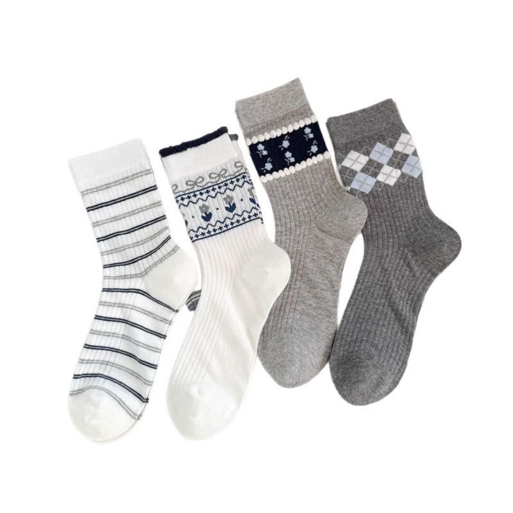 Korean Style Mid-calf Socks Grey Checkered Boneless Pile Socks New Cotton Socks Spring Summer