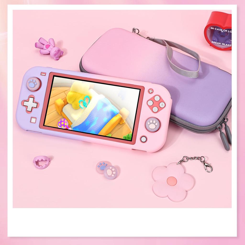DLseego Switch Lite Case and Bag Set 1 Storage 1 PC 1 Flower and 4 Cat Claw Thumb with Card and Shockproof Design for Portable Travel Use (Includes