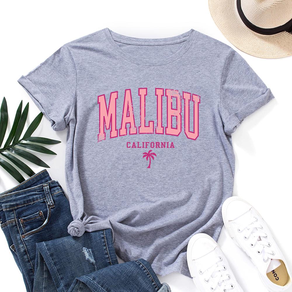 Letters Cotton T-Shirt Short Sleeve Round Neck Women 2d Print Tops