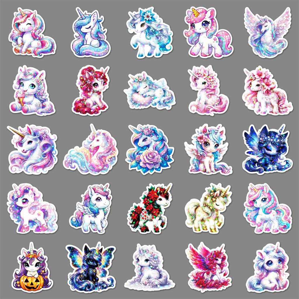 50 Laser Unicorn Rainbow Horse Stickers - Holographic Dazzling Color Stationery, Cute DIY Decoration for Journal and Computer