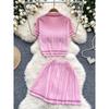 Summer New Arrival Easiest for Match Two-Piece Dress of Knitted Sweater Women's Retro Contrast Color Short Sleeve Tops + High Waist Pleated Skirt