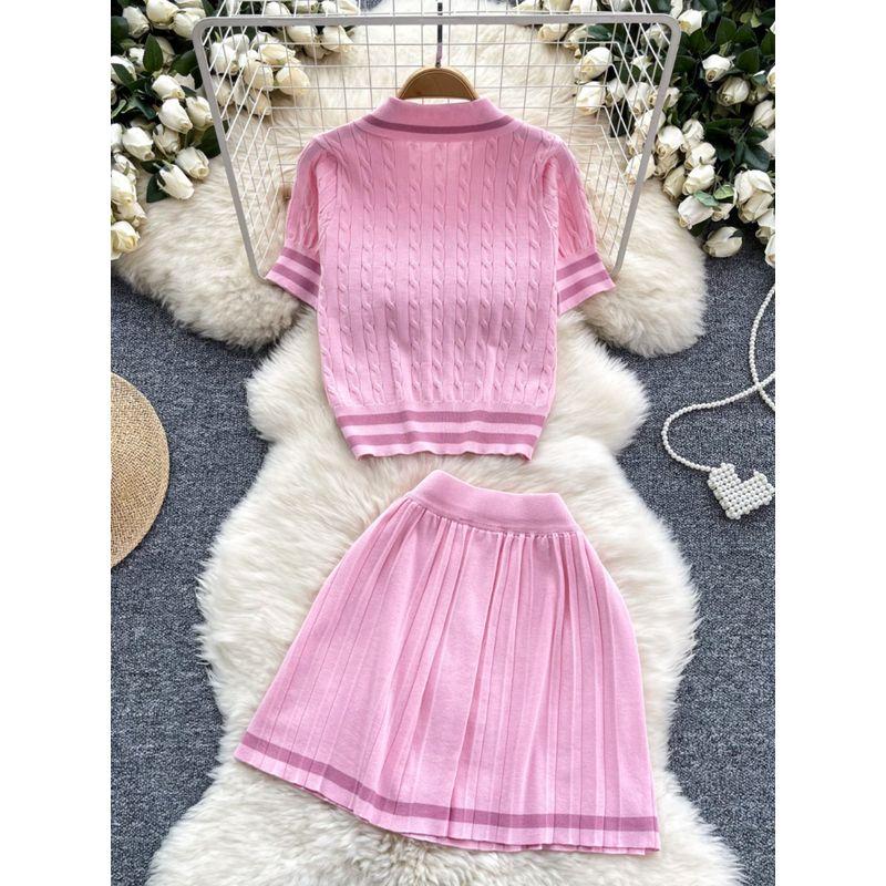 Summer New Arrival Easiest for Match Two-Piece Dress of Knitted Sweater Women's Retro Contrast Color Short Sleeve Tops + High Waist Pleated Skirt