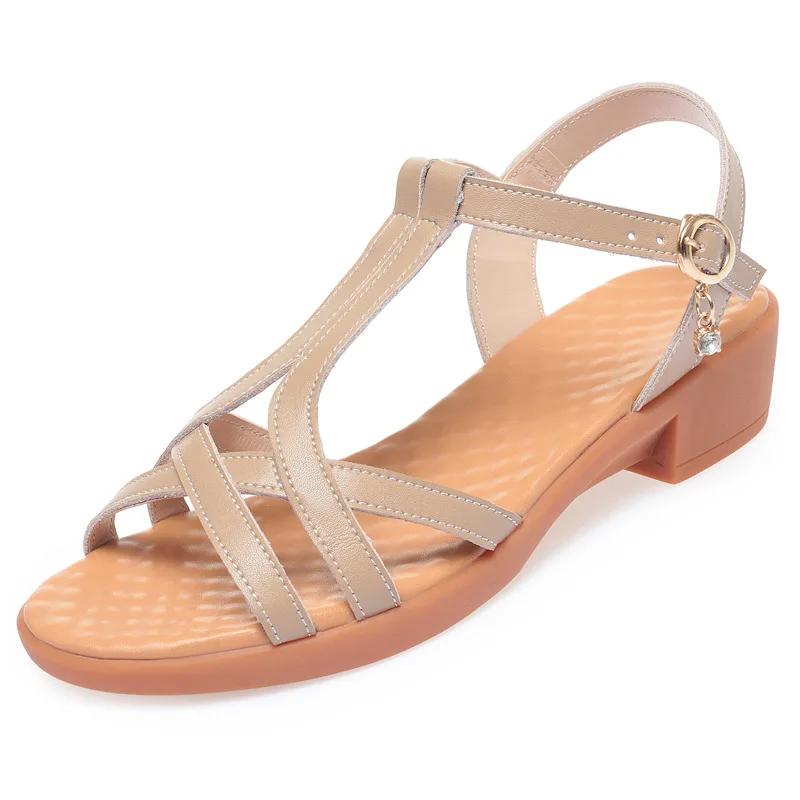 

Women s Sandals Plus Size 42 43 2025 Summer New Soft Sole Ladies Roman Sandals Cutout Low-heeled Mom Shoes Comfortable 43 хакі