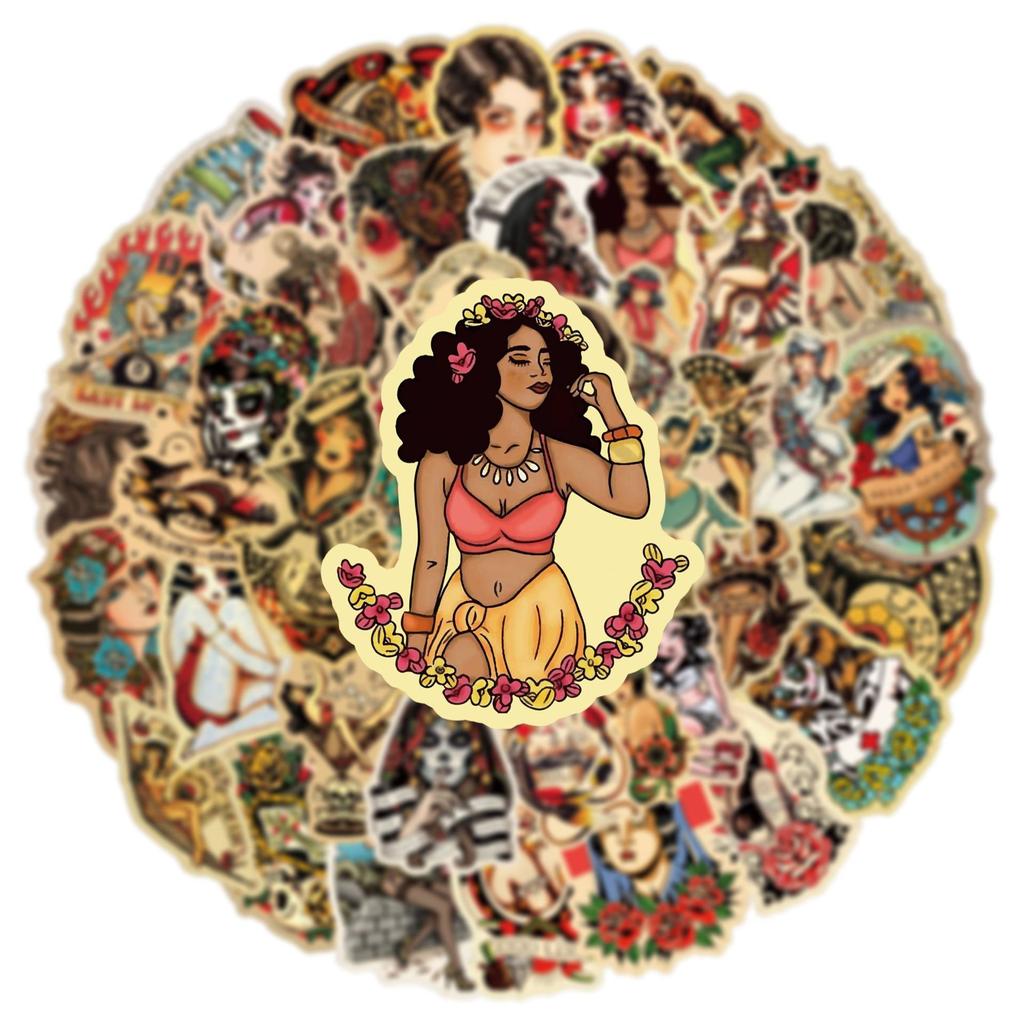 50Pcs Retro Pin Up Girl Graffiti Stickers Cute Sexy Tattoo Girls Decals Scrapbook Luggage Phone Waterproof Sticker
