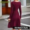 Fashion Autumn Winter Solid Color Print Long Sleeve U-Neck Casual Dresses