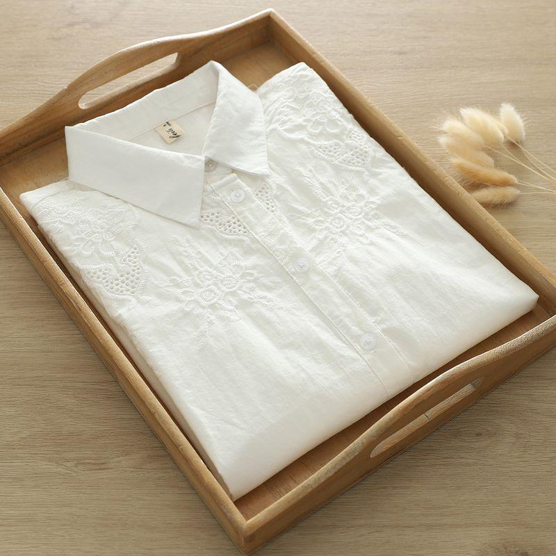 

Autumn New Arrival Sweet Art Cut Out Embroider Pure Cotton White Shirt Women s Long Sleeve Student Lapels Versatile Bottoming Shirt White M