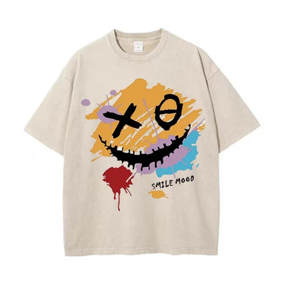 Oversized Graphic T-Shirt Men Streetwear Paint Graffiti Print Cotton Short Sleeve Round Neck Loose Fit Comfortable Casual