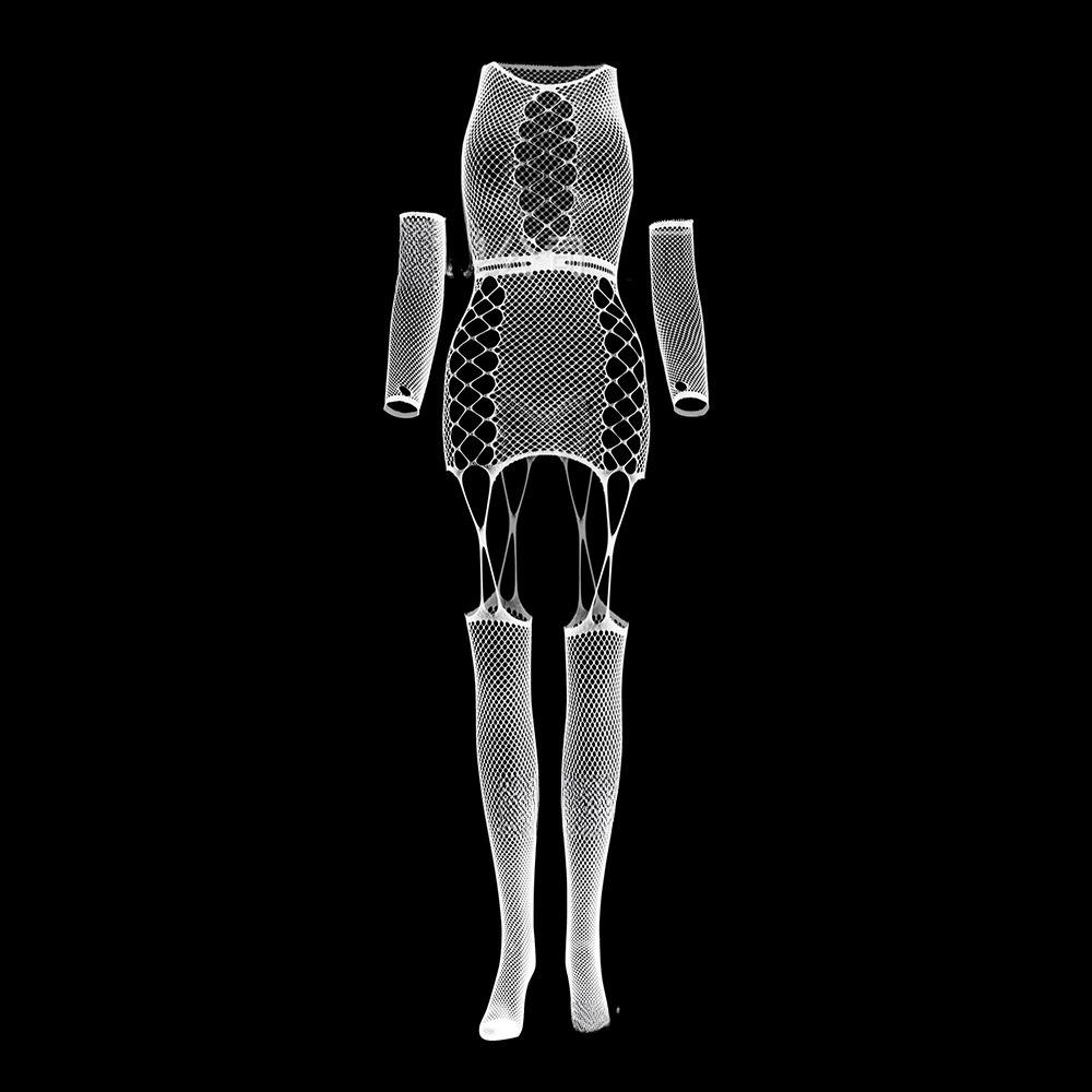 Ensemble deux pièces en résille pour femmes, body ajouré, Lingerie avec manches longues, gants longs, vêtements en filet