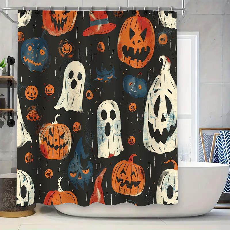 Halloween Decor Shower Curtain Spooky Ghosts Pumpkins Halloween Decoration for Bathtub Bathroom Festive Printed Waterproof Fabri