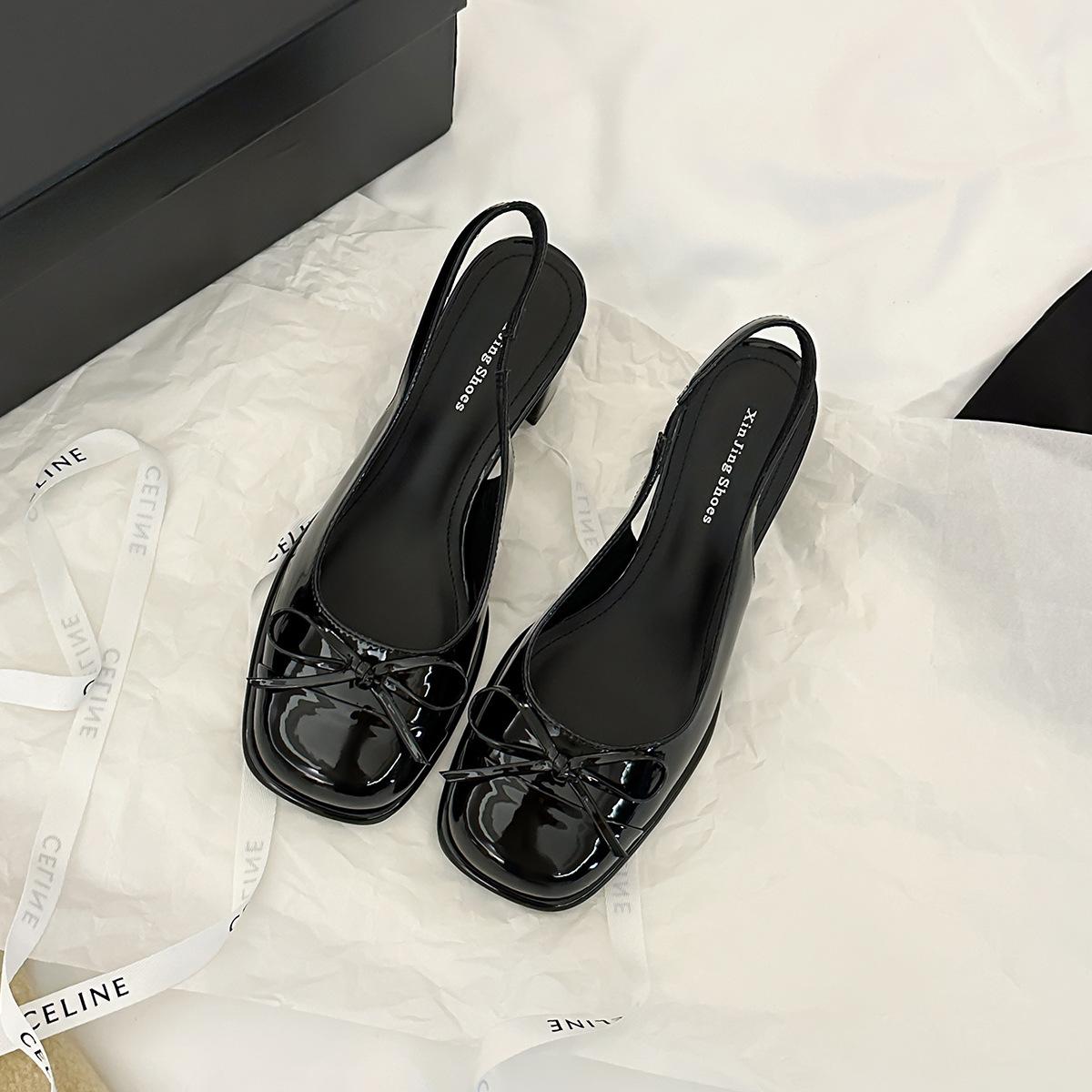 

E9-1 Korean version bag head single shoes women s lively spring and autumn new thick heel patent leather red bow light mouth medium heel single shoes 35 чёрный