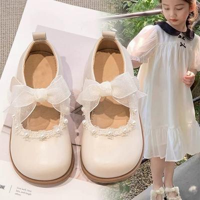 Girls Lace Bow Leather Shoes Girls Pearl Single Shoes Baby Girl Soft Sole Princess Shoes