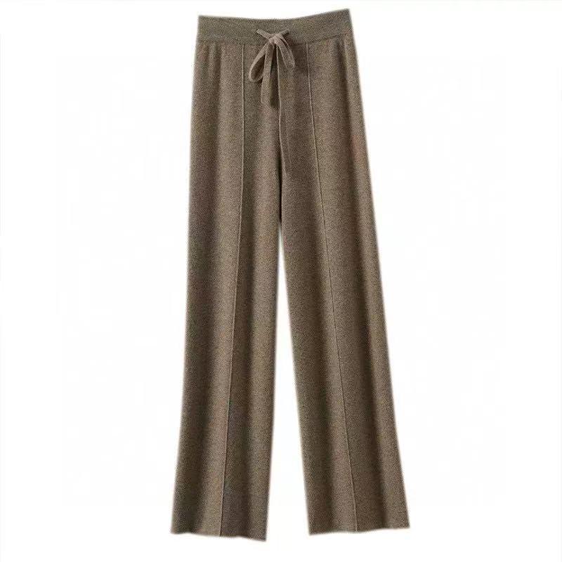 Women's High-Waisted Wide-Leg Knit Pants - Warm, Thick, Casual Floor-Length with Drawstring