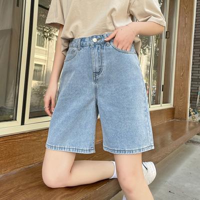 Women Knee Length Jeans A-line Adjustable Buttoned Waist Zipper Closure Plus Size Pockets Vintage Solid Color Loose Lady Denim Shorts Casual