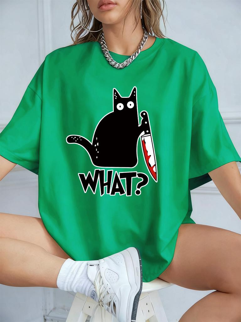 Schwarze Katze mit Messer Aufdrucken Kurzarm T-Shirts Damen Sommer Baumwolle T-Shirts Locker O-Ausschnitt Weiche Oberteile Streetwear