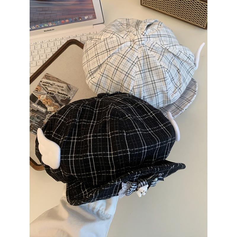 Japanese Cute Plaid Little Bear Wings Cloud Beret Women's Versatile Face Show Small Octagonal Hat Flip Brimmed Painter