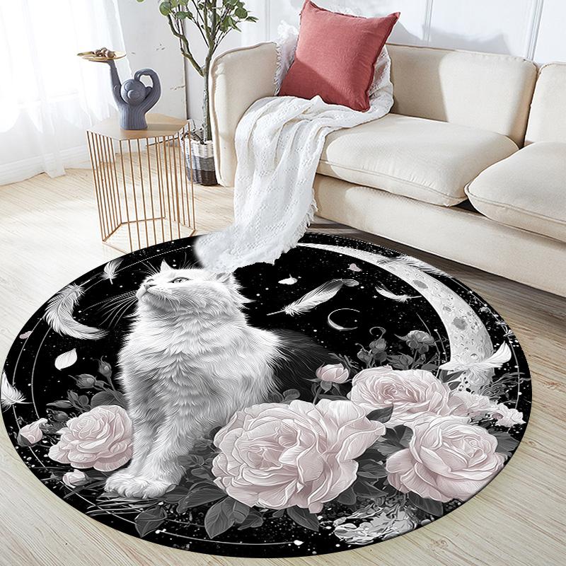 

Floral Cat Round Area Rug,Carpet Rug for Living Room Bedroom Sofa Playroom Decor,Non-slip Floor Mat 80cmx80cm