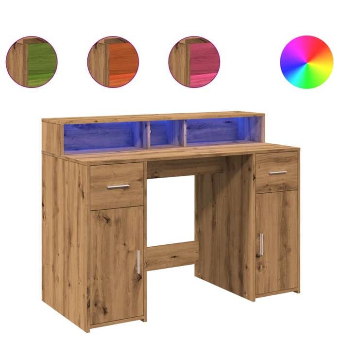 VidaXL Bureau avec lumières LED chêne artisanal bois d'ingénierie, bureau de travail, bureau d'étude, bureau à domicile, 3309419