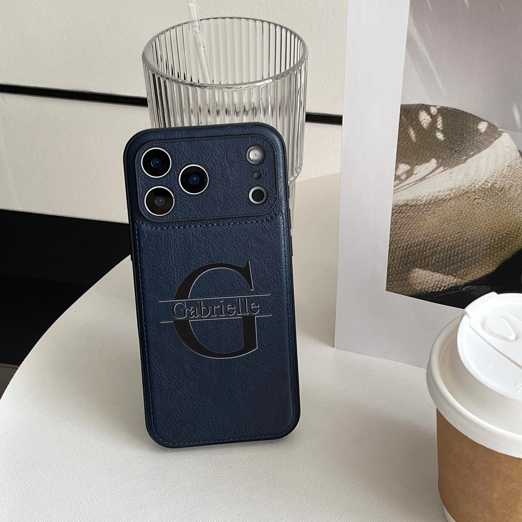 Custom Big Letters Name Laser Engraving Faux Leather Business Phone Case For iPhone 11 12 13 14 15 16 17 Pro Max 17 Air Plus