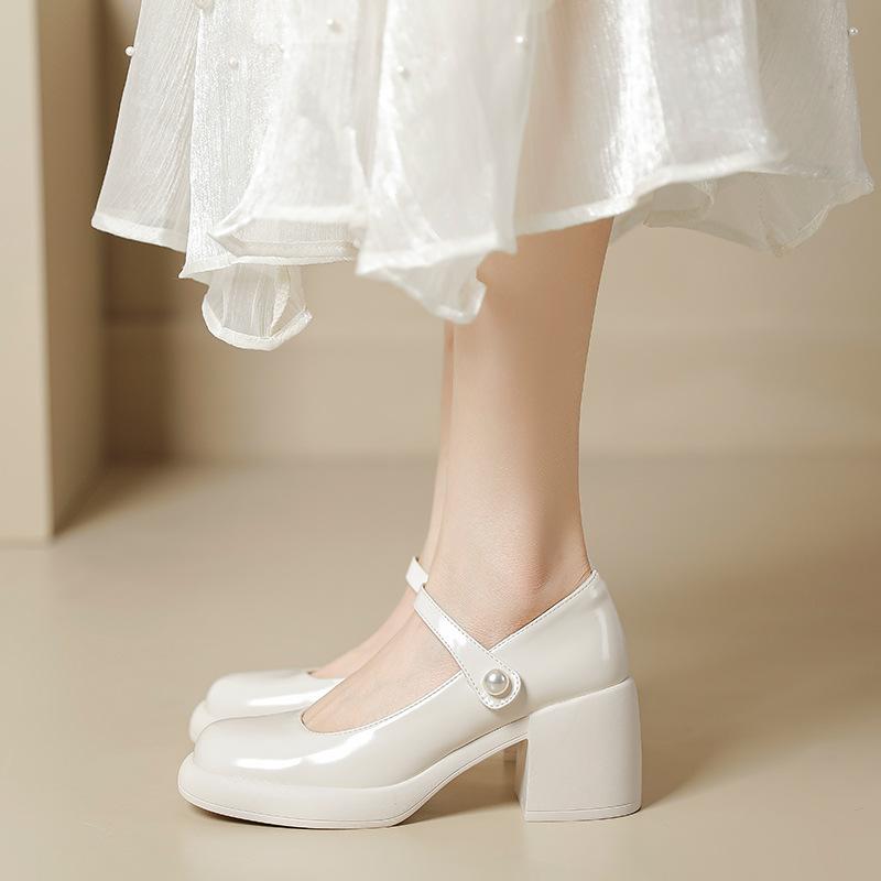 Genuine Leather Mary Jane Shoes Thick Heel Single Shoes for Women's Spring New High Heels Pearl Buckle Retro Shallow Mouth Fairy Shoes
