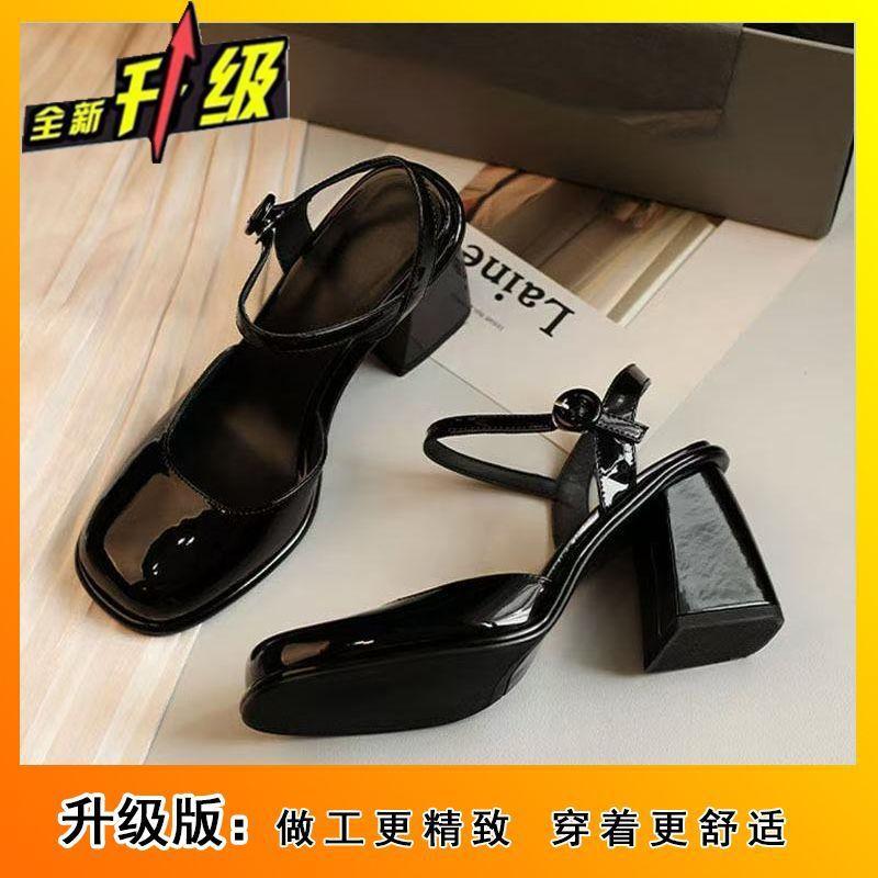 One-word high heels square head single shoes women's shoes 2025 spring and summer new thick heel Mary Jane bag head sandals women