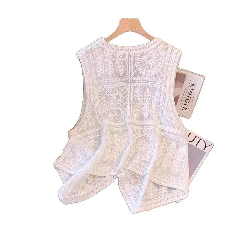 Elegant Loose Sleeveless Shirt Lace Vest for Women's V Neck Spring Summer Camisole Casual Sweet Solid Color Hollow Out Waistcoat Simple Clothing