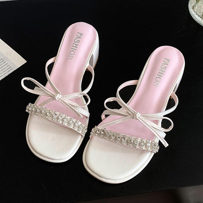 Silver sandals woman 2025 new summer bow French fairy wind cool slippers thick heels high heels