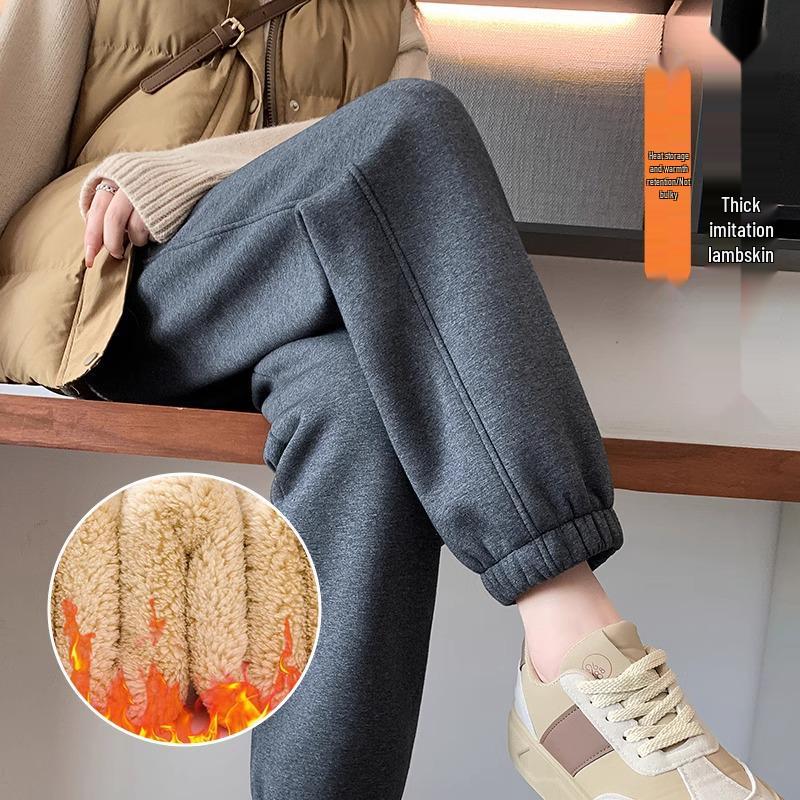 Women's High-Waist Fleece-Lined Cuffed Sweatpants - Thick Grey Joggers for Autumn/Winter 2024
