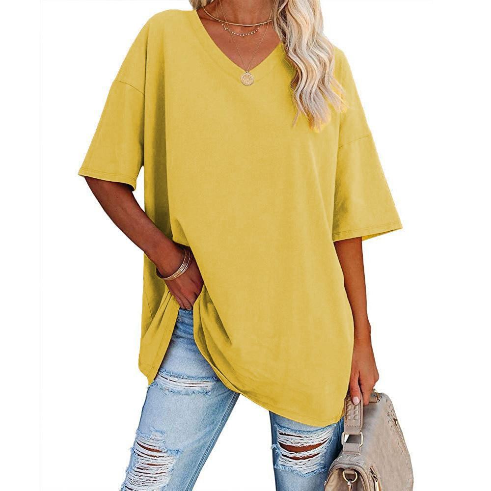 European and American Women's Clothing Foreign Trade Spring and Summer New Item Solid Color Loose Half Sleeved V-neck Women's Top
