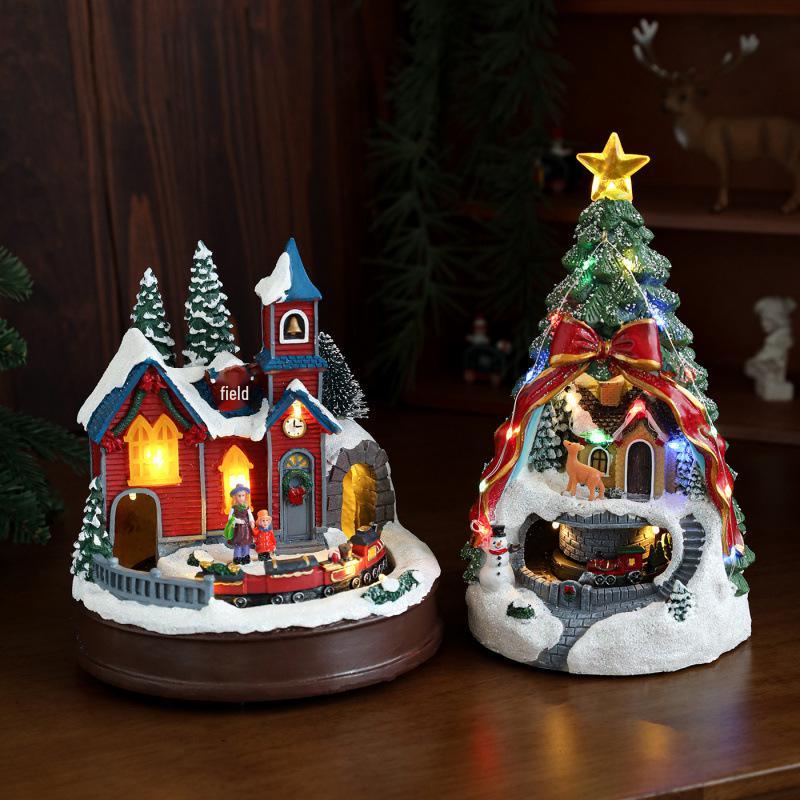 Resin Christmas House Music Box with Rotating Train and Luminous Lights - Tabletop Ornament Decoration