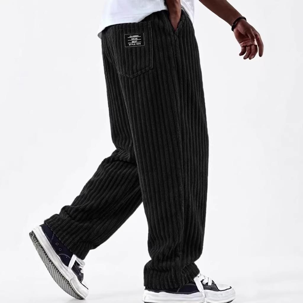 Wide-width Corduroy Patch Logo Pocket Casual Loose Straight-leg Pants for Men