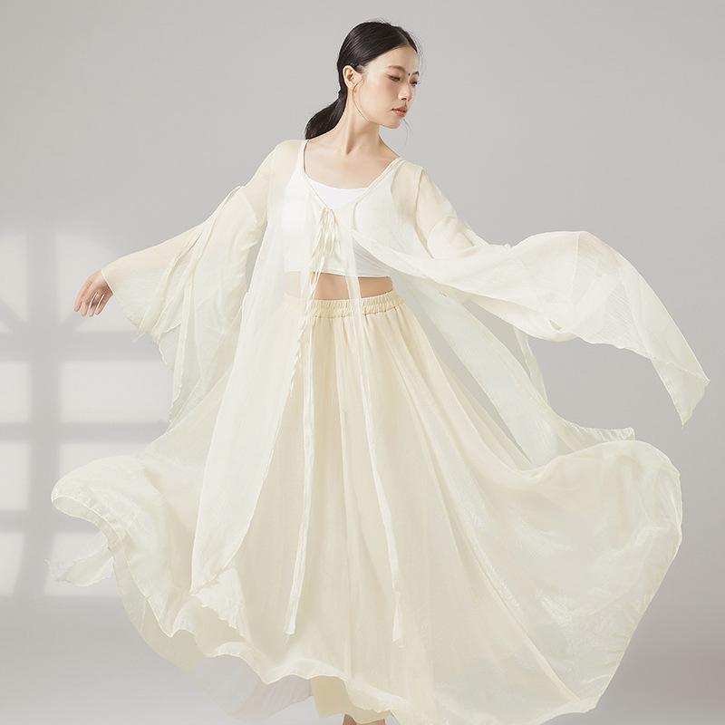 Women Classical Dance Chiffon Long Cover Up Fairy Flowy Long Sleeve Modern Dance Top Vintage Performance Adult Costume Ballet S абрикосовый