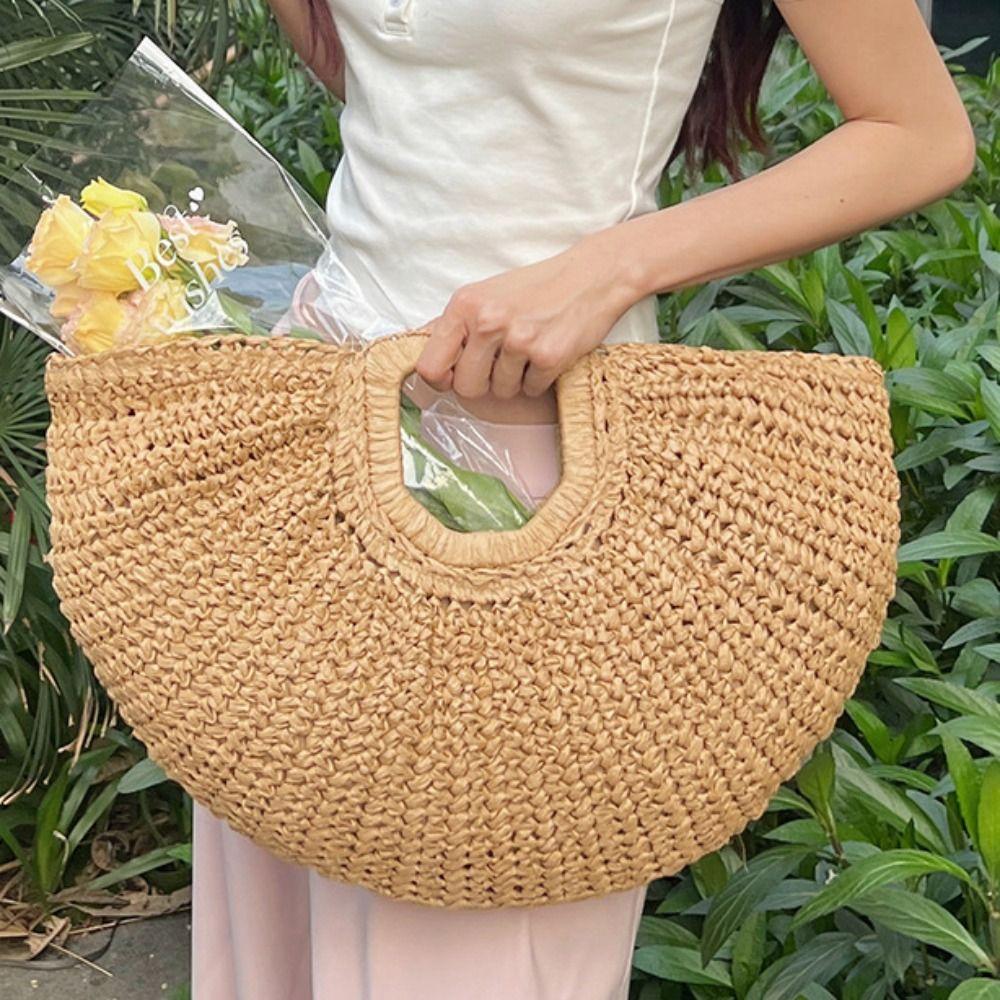 Handmade Lafite Straw Bag Large Capacity Summer Beach Handbag Trendy Weave Tote Bag  Girls