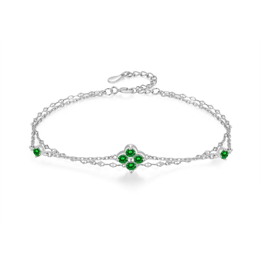 FH.bird Emerald Bracelet for Women, May Birthstone, Four-Leaf Clover Design, Sterling Silver 925, Hypoallergenic, Double Strand, Simple, Birthday Gift