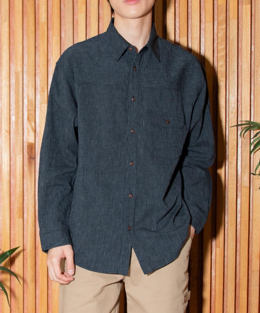 OUTSIDE FROG Single Pocket Striped Shirt (Dark Brown)